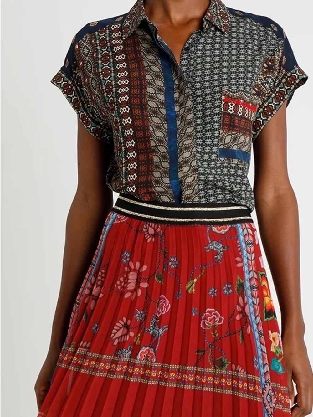 Desigual Mixed Print Patchwork Button Up Shirt Boho Art Top Women Size S